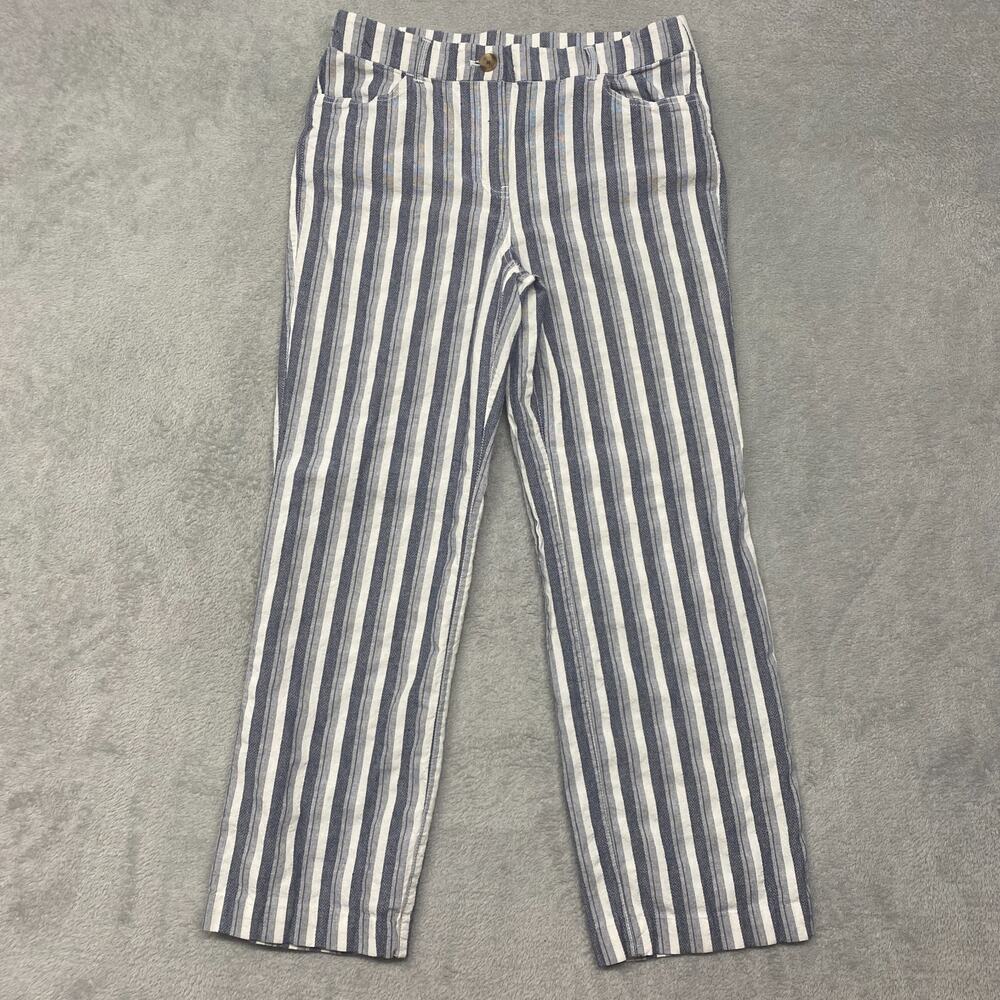Chicos Pants Womens Small Blue White Stripe High Rise Cotton Straight Beach 0.5